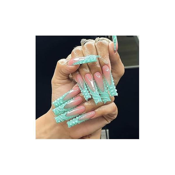 Long Coffin Press on Nails French Tip Green RIICFDD Fake 3D Water Ripple Designs Rhinestone Nail Charms Acrylic Full Cover Glue for Women and Girls Decoration 24 Pcs