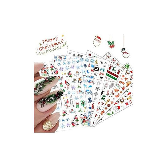 10 Sheets Christmas Nail Art Stickers, 3D Self-Adhesive Winter Deals Cute Santa Claus Snowflake Snowman Bird Bell Tree Stick Elk Design for Women Girls Holiday Decoration