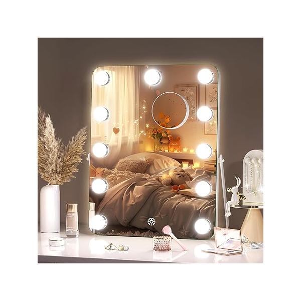 Hasipu Vanity Mirror with Lights, Hollywood 11" x 14" LED Makeup Mirror, 3 Modes Light, Smart Touch Control Dimmable, 360°Rotation, Rounded Rectangle White Frame