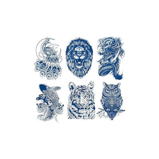 6 Sheets Semi Permanent Fake Waterproof Temporary Tattoo Adult Body Art Long Lasts 1-2 Weeks, Animal Set Peacock Lion Koi Carp Tiger Owl Dragon Deep Blue, Realistic Sticker
