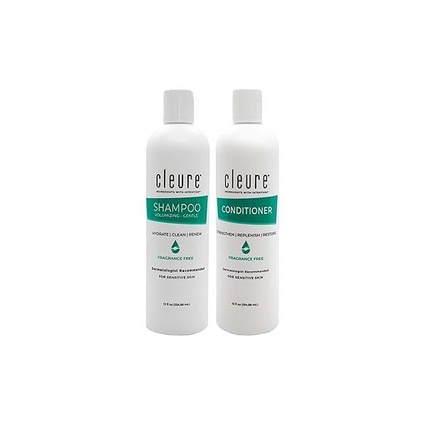 Cleure Shampoo and Conditioner Set Sulfate Free, Fragrance Free for Sensitive Skin - Volumizing & Hydrating (12 Oz each, Pack of 2)