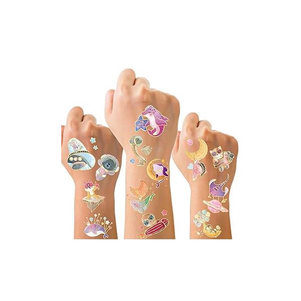 Mermaid Temporary Tattoos for Kids Girls Cute Cartoon Fake Tattoo Stickers Laser Gold Edge Girl Marine Life Design Waterproof Body Art Sticker Party Decoration Supplies 8 Sheets