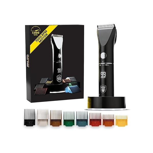 The Beard Club Trimmer for Men - Electric Cordless Rechargeable & Hair High Power 7000 RPM 8 Color Guides 45 Unique Trim Lengths Travel Lock