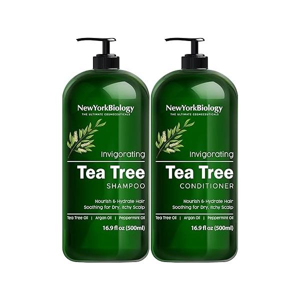 New York Biology Tea Tree Shampoo and Conditioner Set - Deep Cleanser Relief for Dandruff Dry Itchy Scalp Therapeutic Grade Helps Promote Hair Growth 16.9 Fl Oz