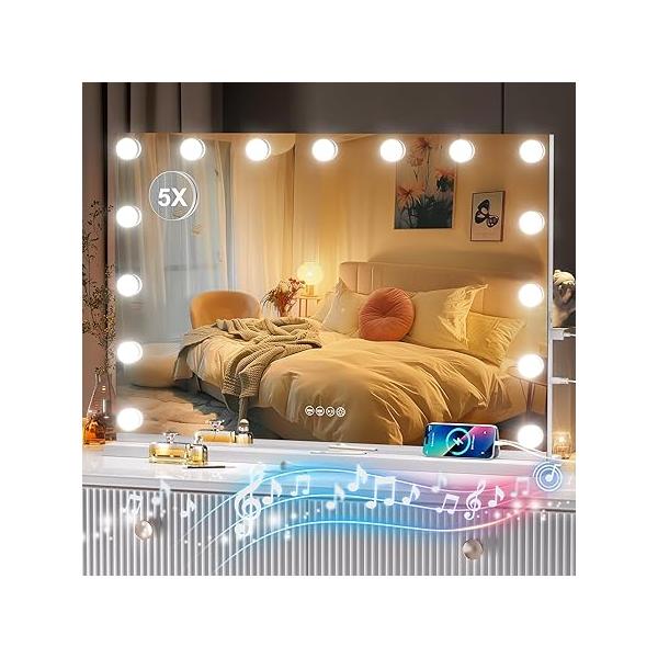 Vanity Mirror with Lights and Bluetooth Speaker, 32" x 22" Hollywood Makeup 15 Dimmable Bulbs 5X Magnification, 3 Colors Modes, USB Type-C, Tempered Glass (Square White)