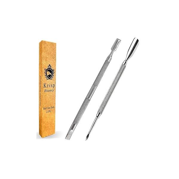 Cuticle Pusher Tools - Professional Nail Remover Trimmer Spoon Shaped Cleaner Dual Sided Metal Stainless Steel Manicure Pedicure for Women 2 Pack Set Krisp Beauty