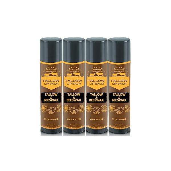 Pure Tallow Lip Balm | 100% Grass-Fed Beef and Organic Beeswax Moisturizing Care for Dry, Chapped Lips Hypoallergenic, Fragrance-Free Handcrafted in USA 4-Pack