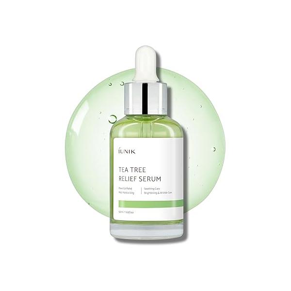 IUNIK Tea Tree Relief Vegan Serum for Acne-Prone Skin - Non-Sticky & Lightweight Facial Ampoule with Centella Asiatica Soothing, Calming, and Balancing Korean Skincare