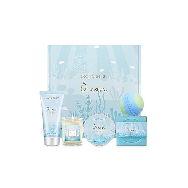 Gifts for Women, Bath and Body Womens Gift Sets with 5 Pcs Ocean Scented Spa Women Candle Butter Hand Cream Bomb Mothers Day