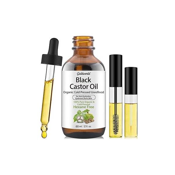 GoldWorld100% Organic Pure Black Castor Oil Cold Pressed,for Hair Eyebrows Eyelash Growth Serum to Grow Lashes,Castor for Skin Body Face,Caster Oils Unrefined in Glass Bottle Hexane Free