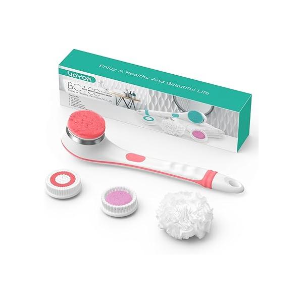 VOYOR Electric Body Brush Back Scrubber for Shower Rechargeable Exfoliating Bath Powered with Non-Slip Long Handle Deep Cleansing, Exfoliation, Massaging Spin BC100 (Gery)