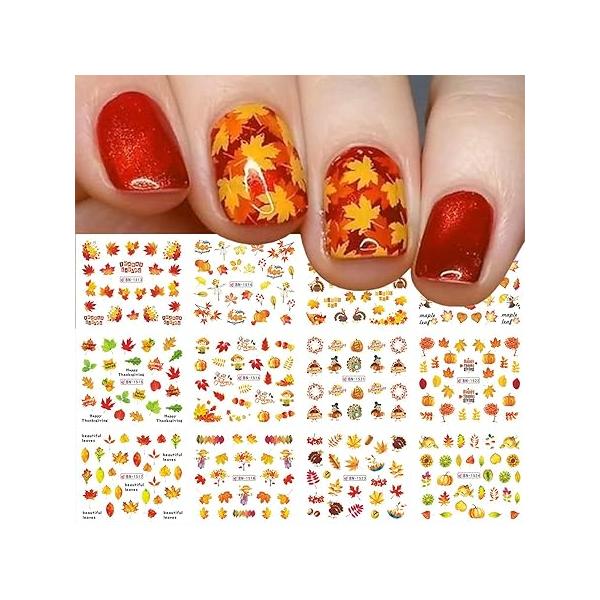 Fall Nail Art Decals Autumn Water Transfer 3D Thanksgiving Designs Maple Leaf Stickers for Women Acrylic Nails