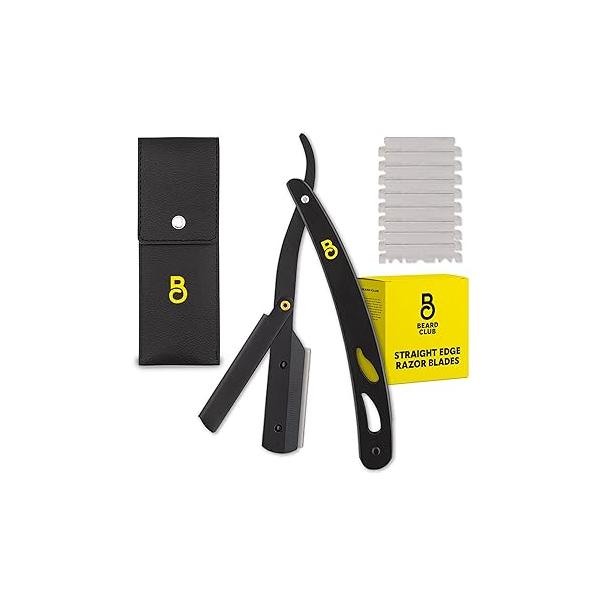 The Beard Club Straight Razor for Men - Navajas Para Barbero Barber Edge Kit Premium Single Derby Blade Cutthroat With 10 Replaceable Stainless Steel Blades & Leather Case
