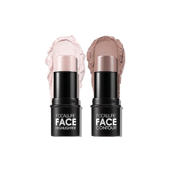 FOCALLURE 2 Pcs Mineral Cream Contour Stick,Moisturize Highlighter and Bronzer Pen,Non Stick Face Brightens & Shades Pencil,Long Lasting Smooth Gliding Illuminator Makeup,Light-medium