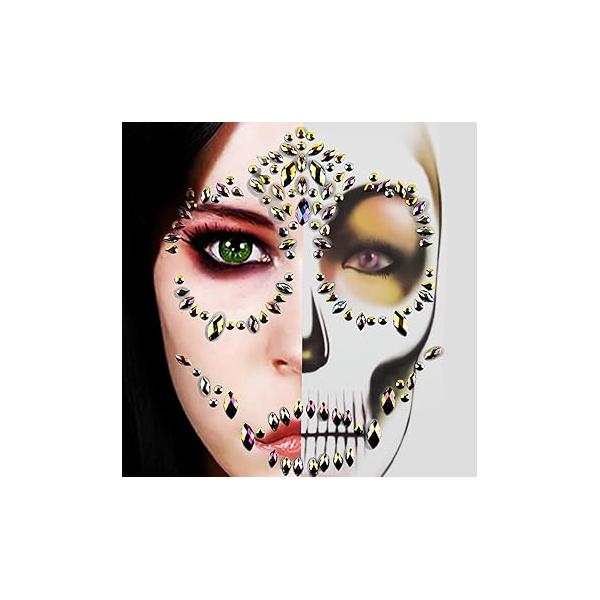 Day of the Dead Skull Face Gems Tattoo Sticker Purple Halloween Rhinestone for Women Girl, Skeleton Stickers Jewels Stick on Makeup Dia De Los Muertos 1PCS