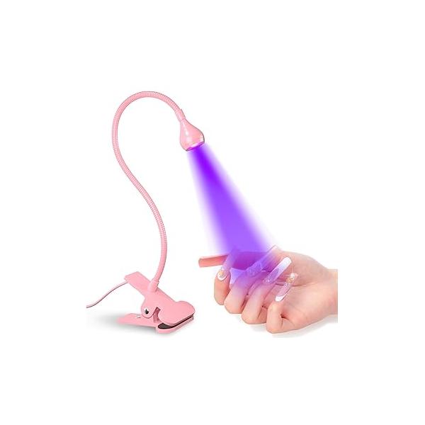 UV Nail Lamp - Light for Gel Nails, LED Gooseneck Flash Cure Manicure Dryer Black with Clamp, 365+395nm Wavelength 5V 3W 4 Levels Dimming