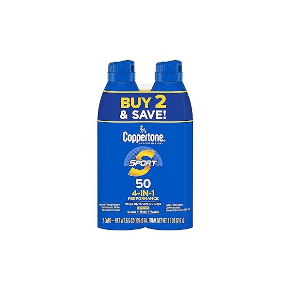Coppertone Sport Sunscreen Spray SPF 50, Water Resistant Pack, 5.5 Oz, Pack of 2 (Packaging May Vary)