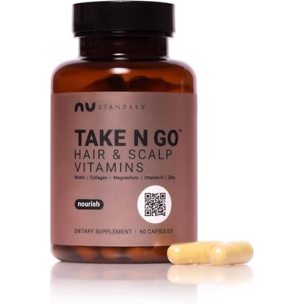 NU Standard® TAKE N GO Hair Vitamins for Loss Women | Marine Collagen and Biotin Supplement Stress Relief Combat Thinning DHT Blocker Bioavailability (30-Day Supply)
