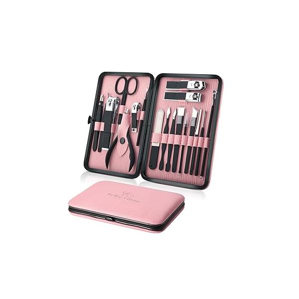 Manicure Set Professional Nail Clippers Kit Pedicure Care Tools- Stainless Steel Women Grooming 18Pcs for Travel or Home (Pink)