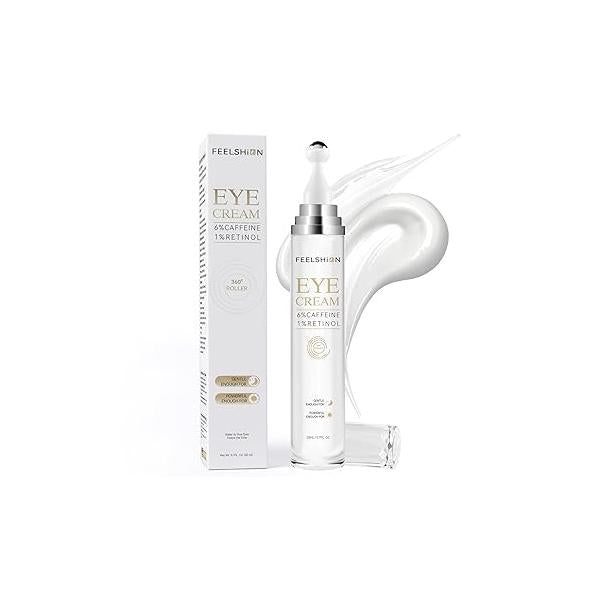 6% Caffeine + 1% Retinol Eye Cream for Dark Circles, Puffy Eyes & Bags | 360° Massage Ball Fine Lines Collagen Centella Anti-Aging Under Care Sensitive Skin Men Women(0.7fl.oz)
