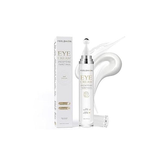 6% Caffeine + 1% Retinol Eye Cream for Dark Circles, Puffy Eyes & Bags | 360° Massage Ball Fine Lines Collagen Centella Anti-Aging Under Care Sensitive Skin Men Women(0.7fl.oz)