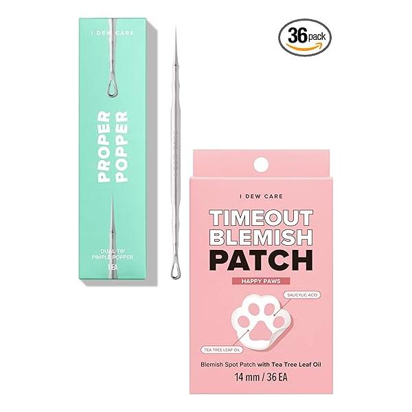 I Dew Care Dual-Tip Pimple Popper - Proper Popper, 1 EA + Hydrocolloid Acne Patch Timeout Blemish Happy Paws, 36 Count Bundle