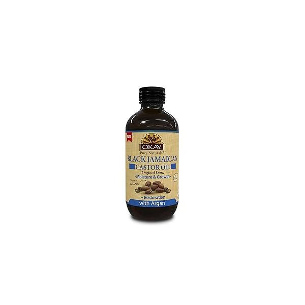 OKAY Pure Naturals Black Jamaican Castor Oil with Argan - for Hair Health, Moisture Skin, Face, Scalp, Eyelashes, Eyebrows, Men & Women 4 Fl Oz Glass Bottle (1 Pack)