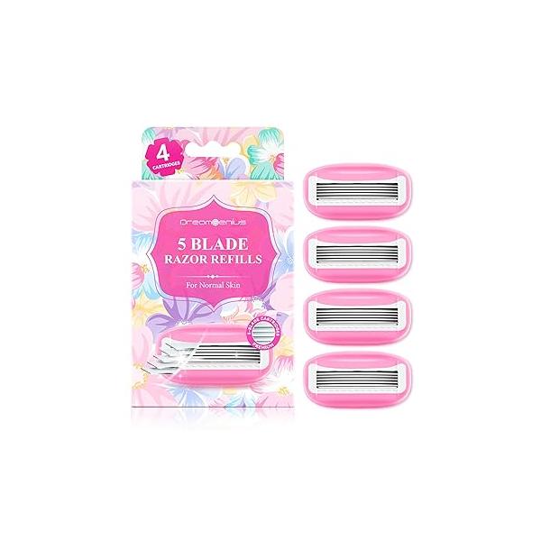 Travel Razors Blades for Women Include 4 Cartridges, Extra Smooth 5 Travel-Friendly Razor Refills Comfort Shaving, Pink